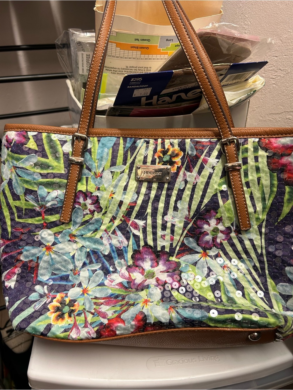 Nine West Floral Sequin Tote Bag with Brown Trim